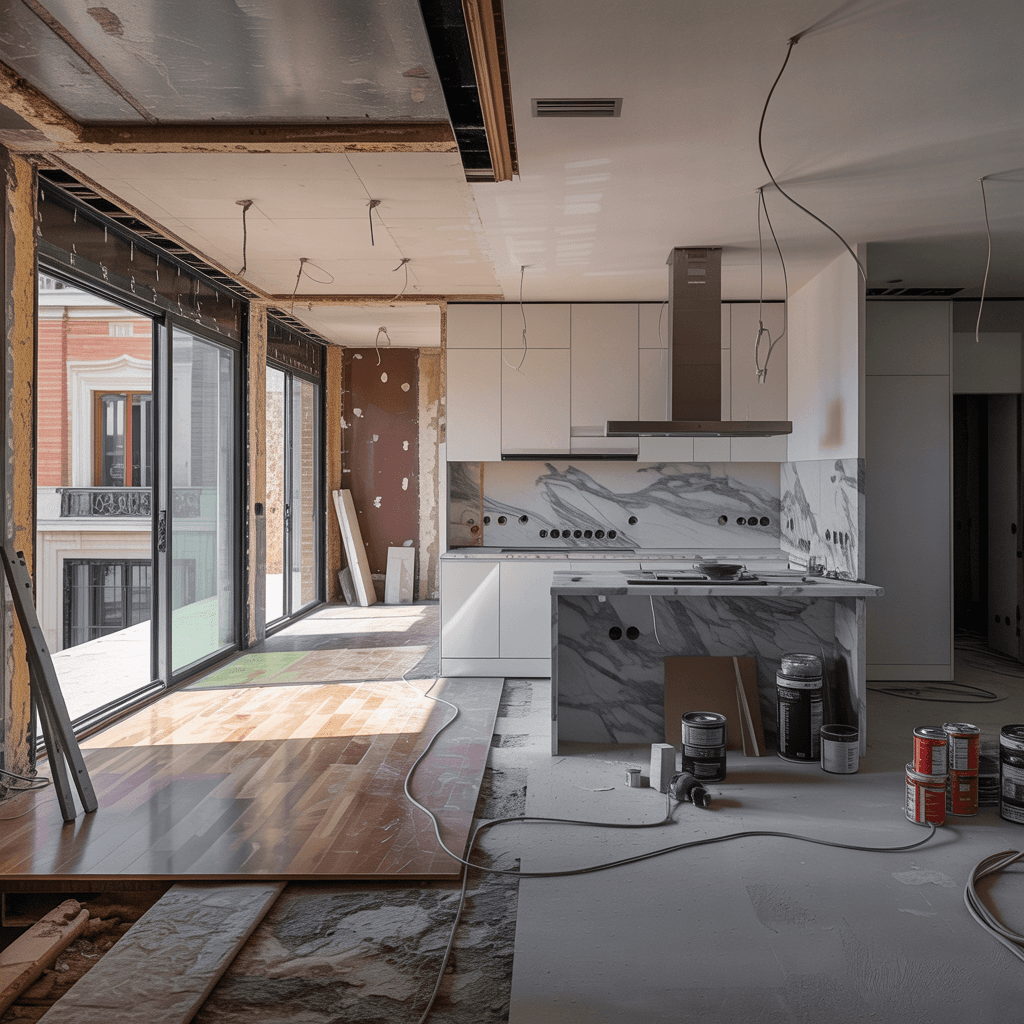 Cocina premium en obra con materiales y botes de pintura desbordados