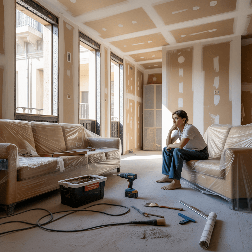 Persona esperando sentada en un salón a medio reformar con sofás plastificados