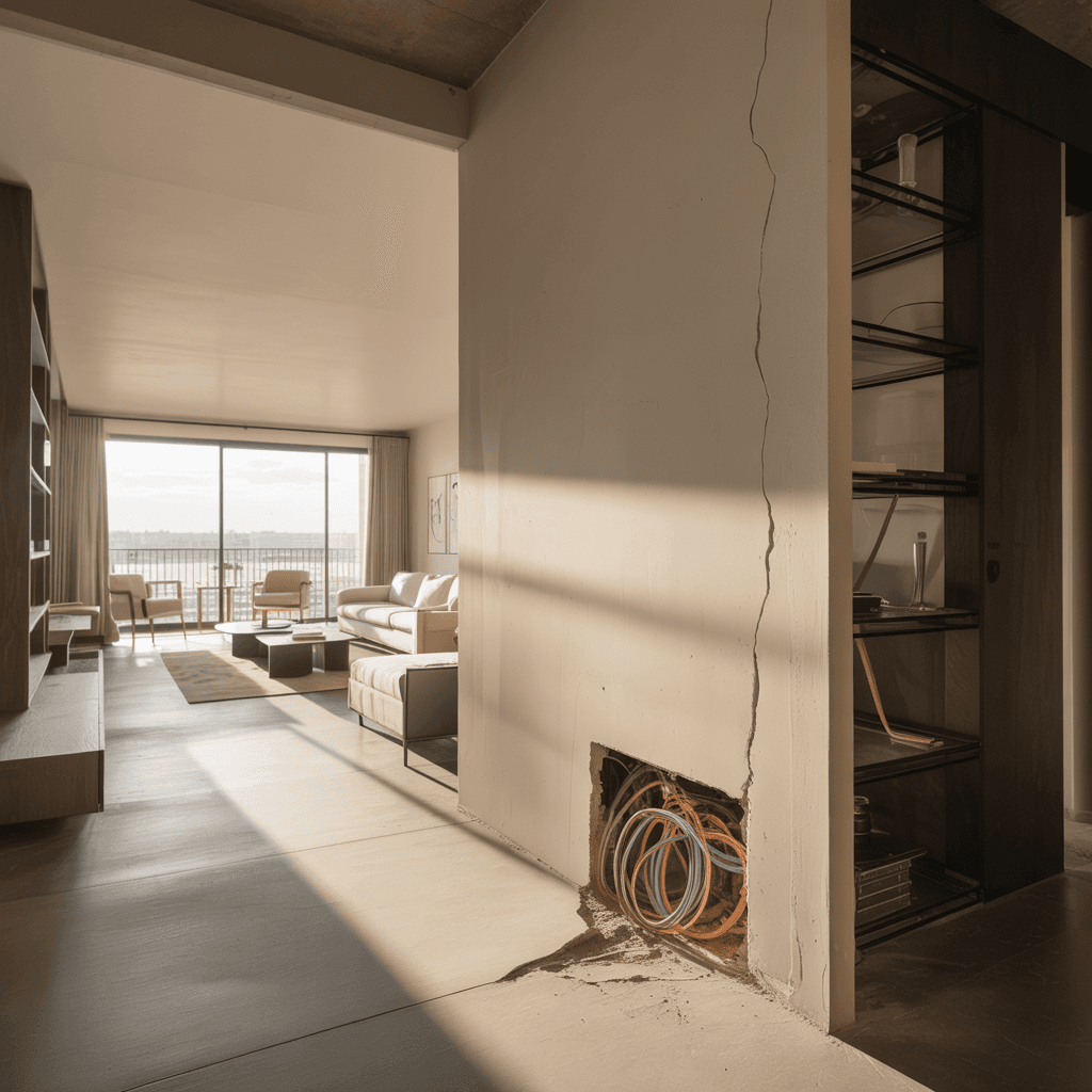 Salón premium con grieta estructural visible y cables eléctricos expuestos